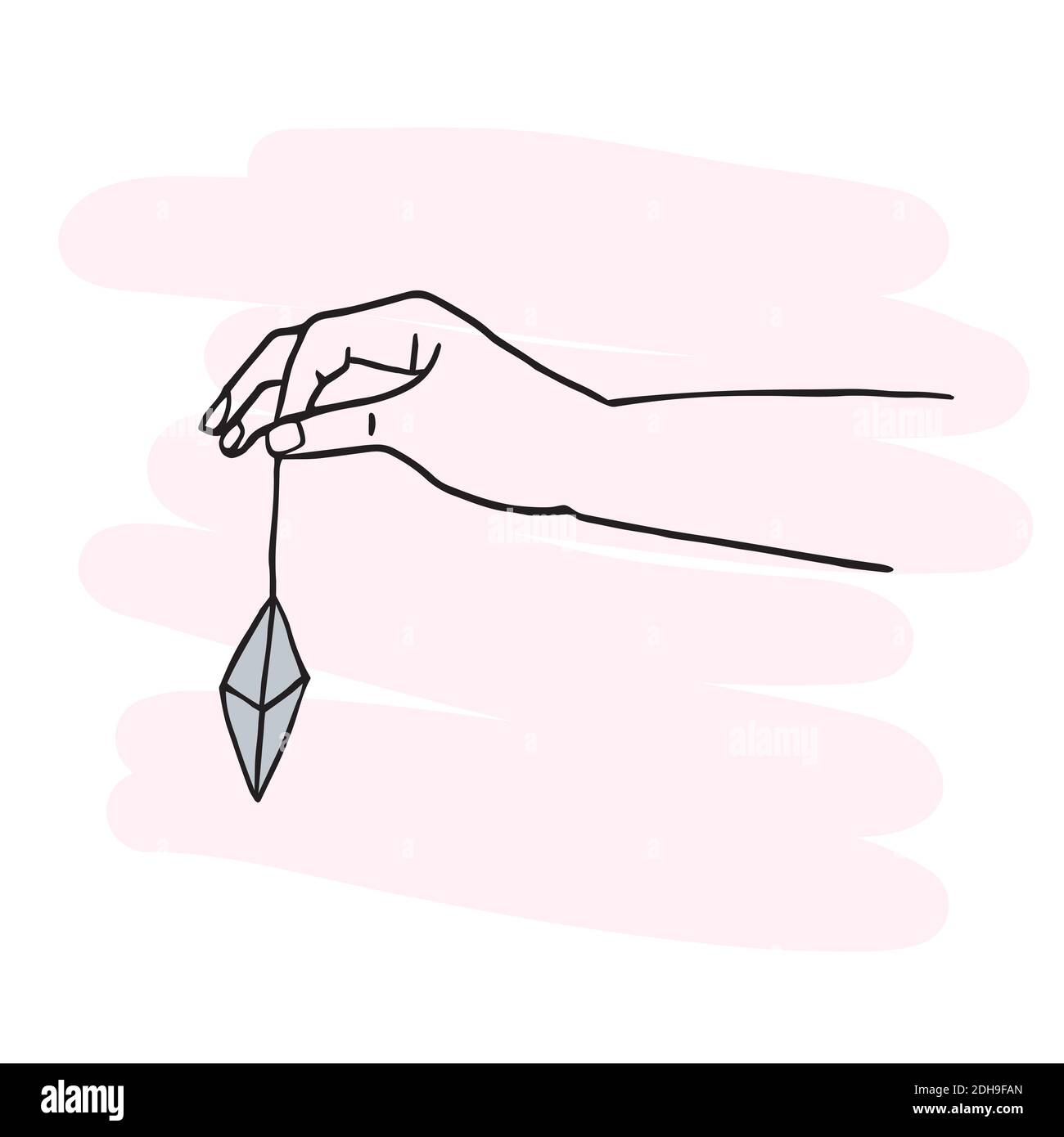 Image d'une main avec un cristal sur une chaîne. La médecine alternative. Doodle Illustration de Vecteur
