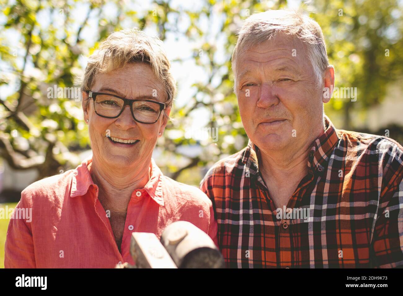 Portrait d'un couple senior heureux avec des marteaux debout à cour Banque D'Images