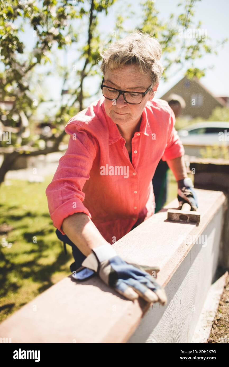 Femmes âgées examinant la planche en bois sur le mur environnant à la cour Banque D'Images Femmes âgées examinant la planche en bois sur le mur environnant à la cour Banque D'Images