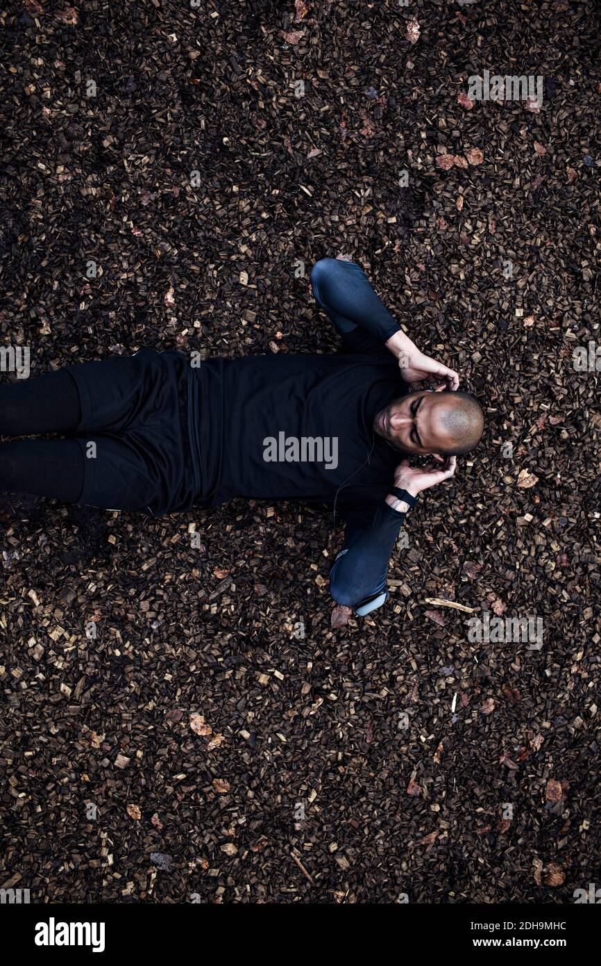 Directement au-dessus de la photo d'un homme effectuant des sit-ups dans la forêt Banque D'Images