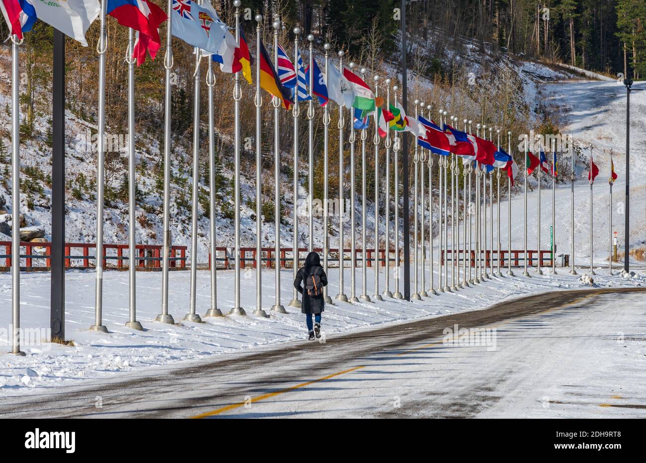 Parc provincial Canmore Nordic Centre en hiver, jour ensoleillé le matin. Le parc provincial a été construit à l'origine pour les Jeux olympiques d'hiver de 1988. Banque D'Images