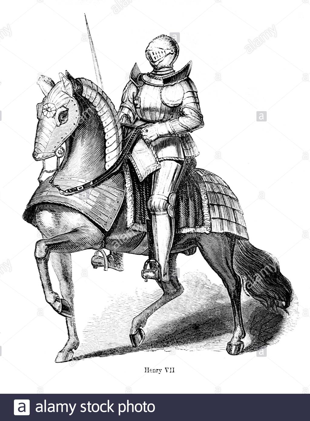 Chevalier médiéval à cheval portant une armure de l'époque de Henri VII, illustration ancienne des années 1800 Banque D'Images