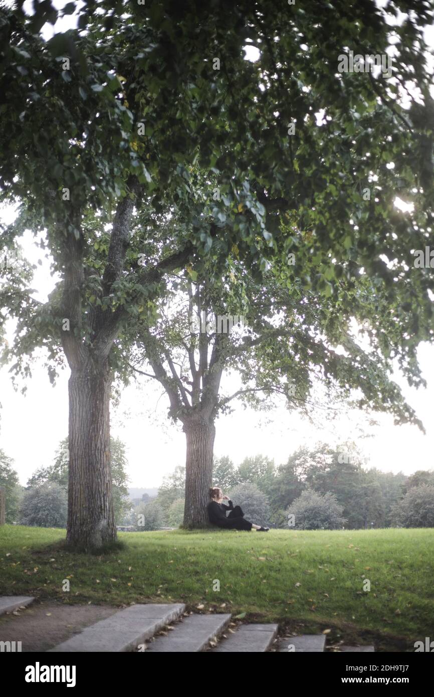 Vue latérale d'une jeune femme assise près du tronc d'arbre champ contre ciel Banque D'Images