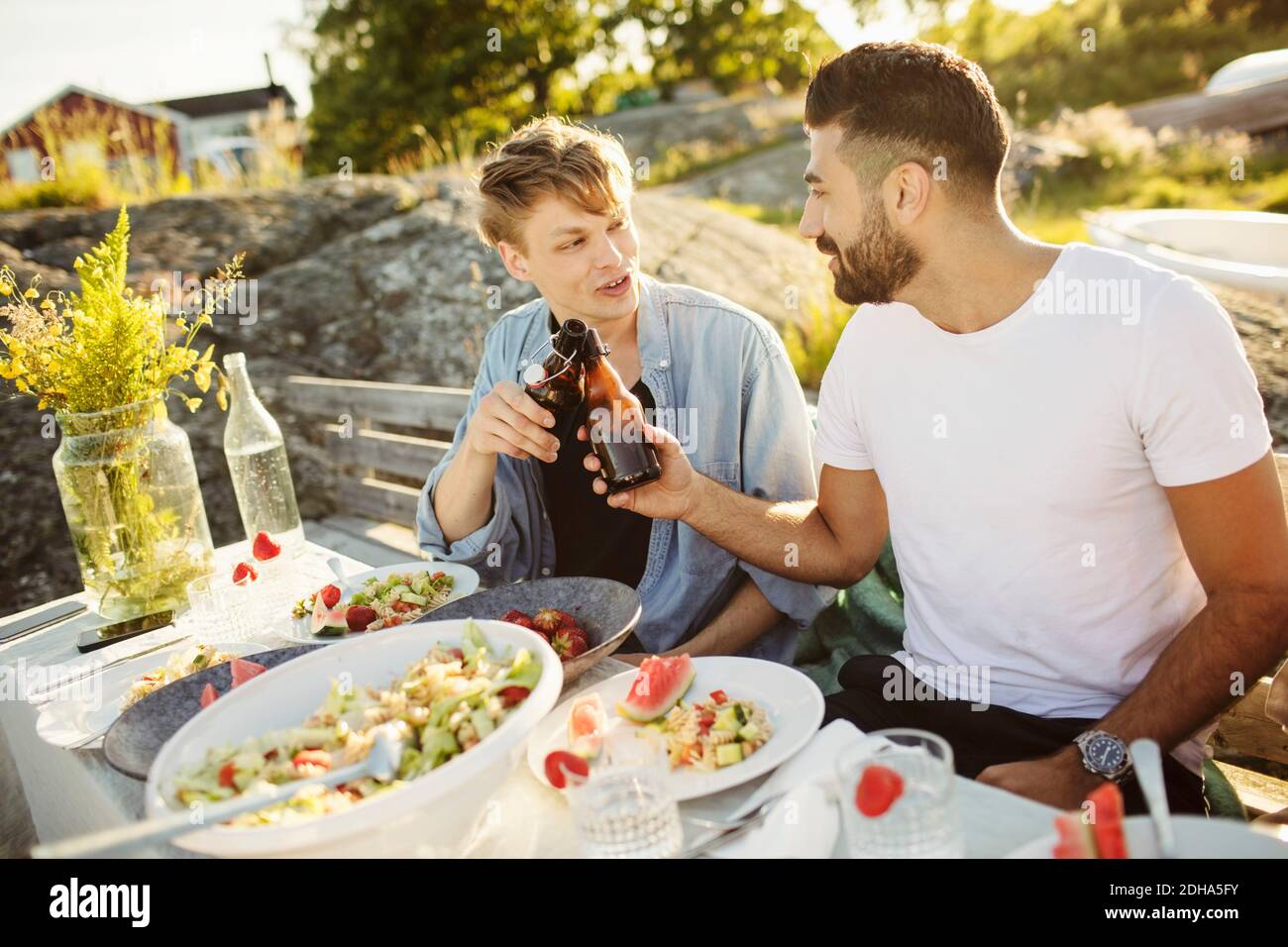 Des amis qui parlent tout en toaster des bouteilles de bière pendant le déjeuner à la fête Banque D'Images