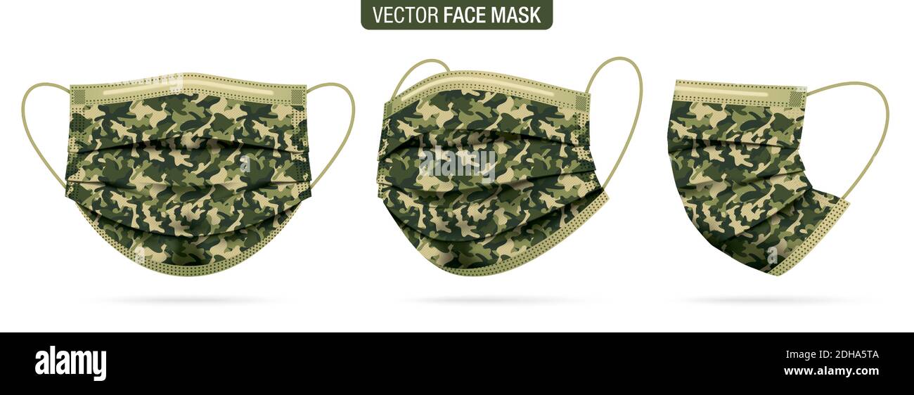 Masque de visage camouflage, ensemble de vecteurs. Masques protecteurs de camouflage militaire, de différents angles isolés sur blanc. Virus, et la protection contre la grippe masque militaire de modèle, dans un front, les trois quarts, et les vues latérales. Illustration de Vecteur
