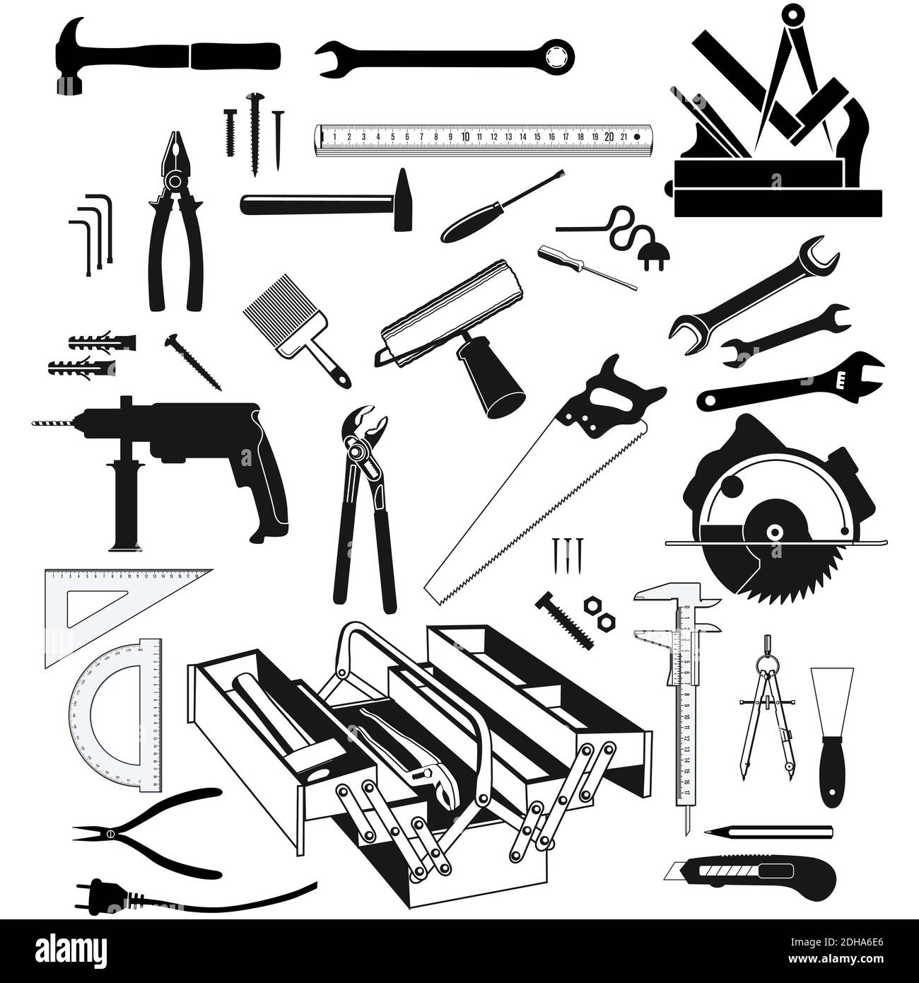 Outils à main et instruments de mesure fond blanc, isolé Illustration Illustration de Vecteur