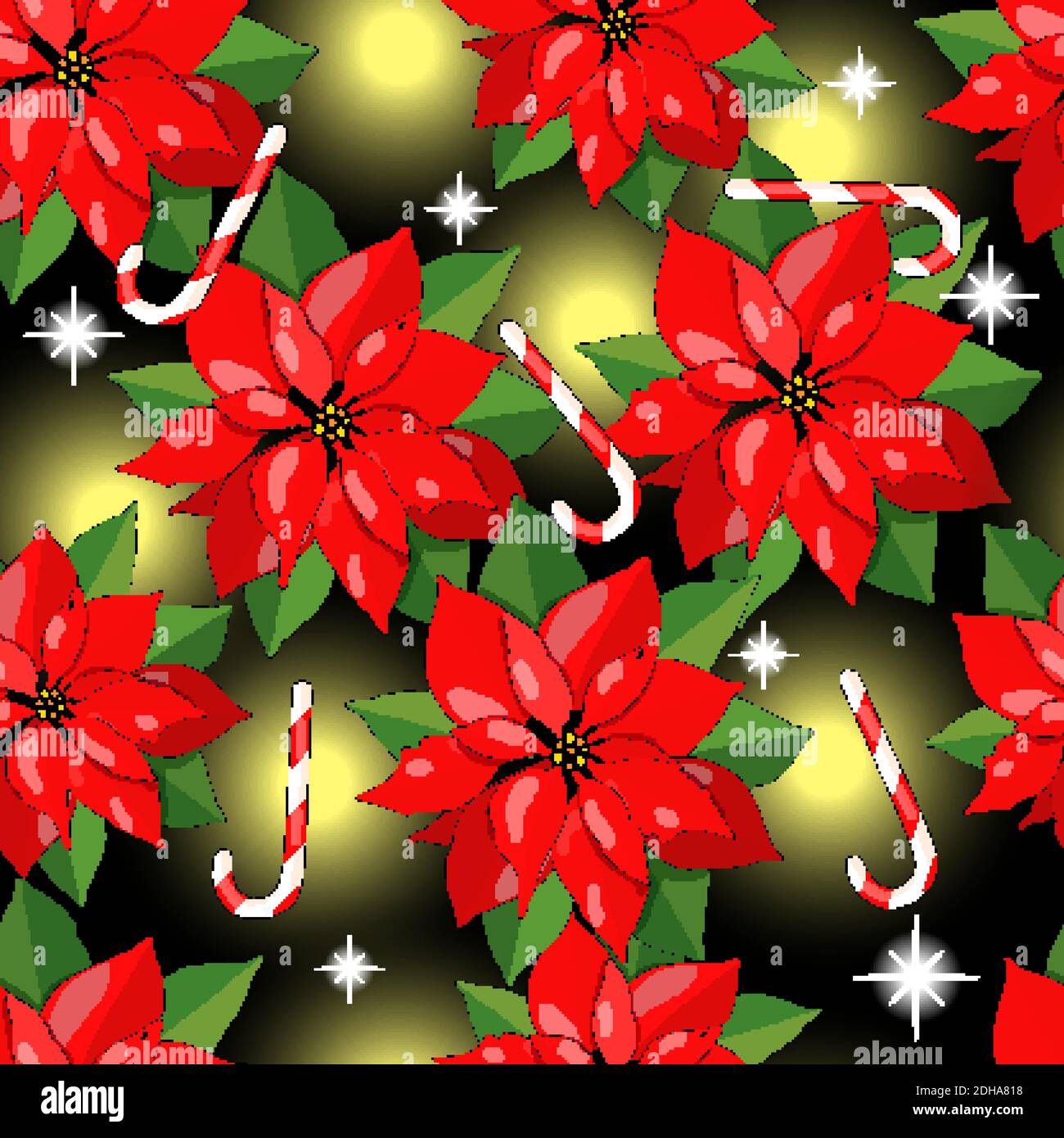 Motif festif sans couture avec poinsettia de Noël traditionnel, canne à sucre et décoration. Illustration vectorielle. Symboles de noël traditionnels. Illustration de Vecteur