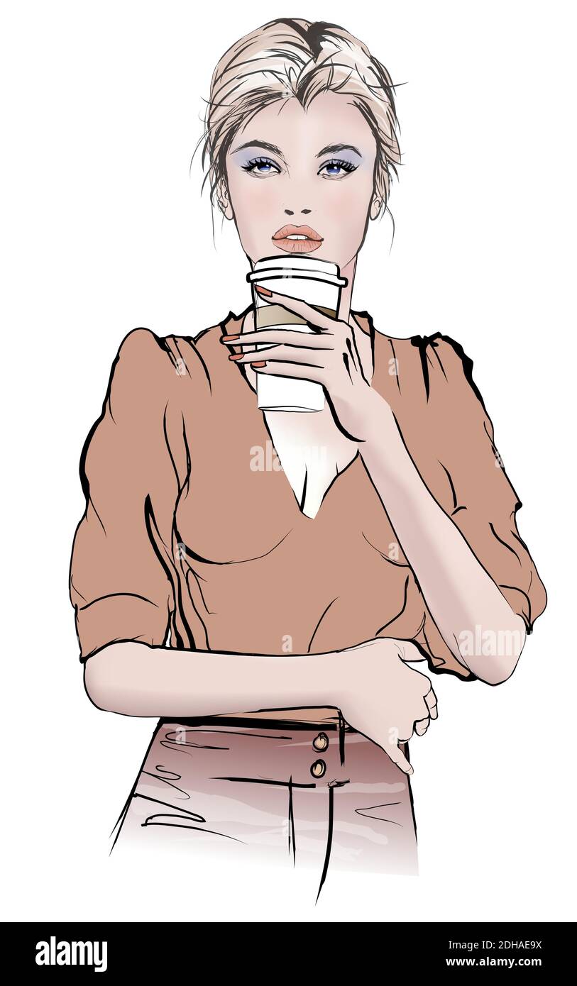 Belle fille buvant du café - illustration vectorielle Illustration de Vecteur