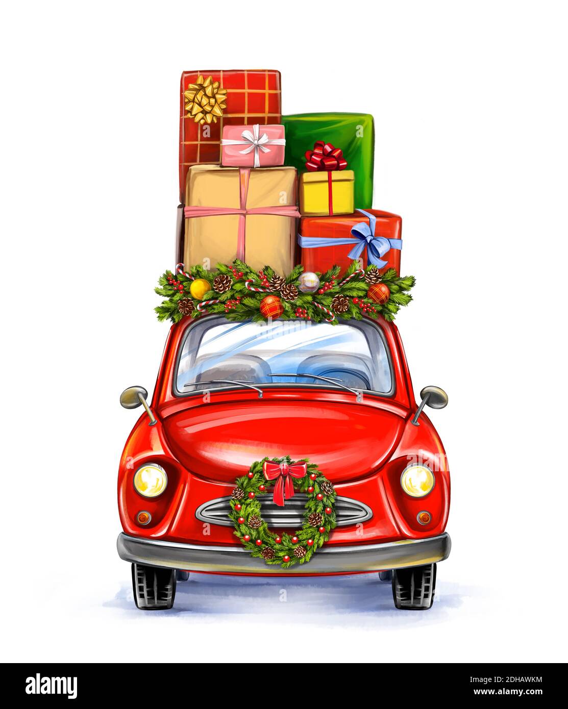 Boîte-cadeau sur la voiture, noël ornement décoratif, l'art illustration peinte avec aquarelles isolé sur fond blanc. Banque D'Images