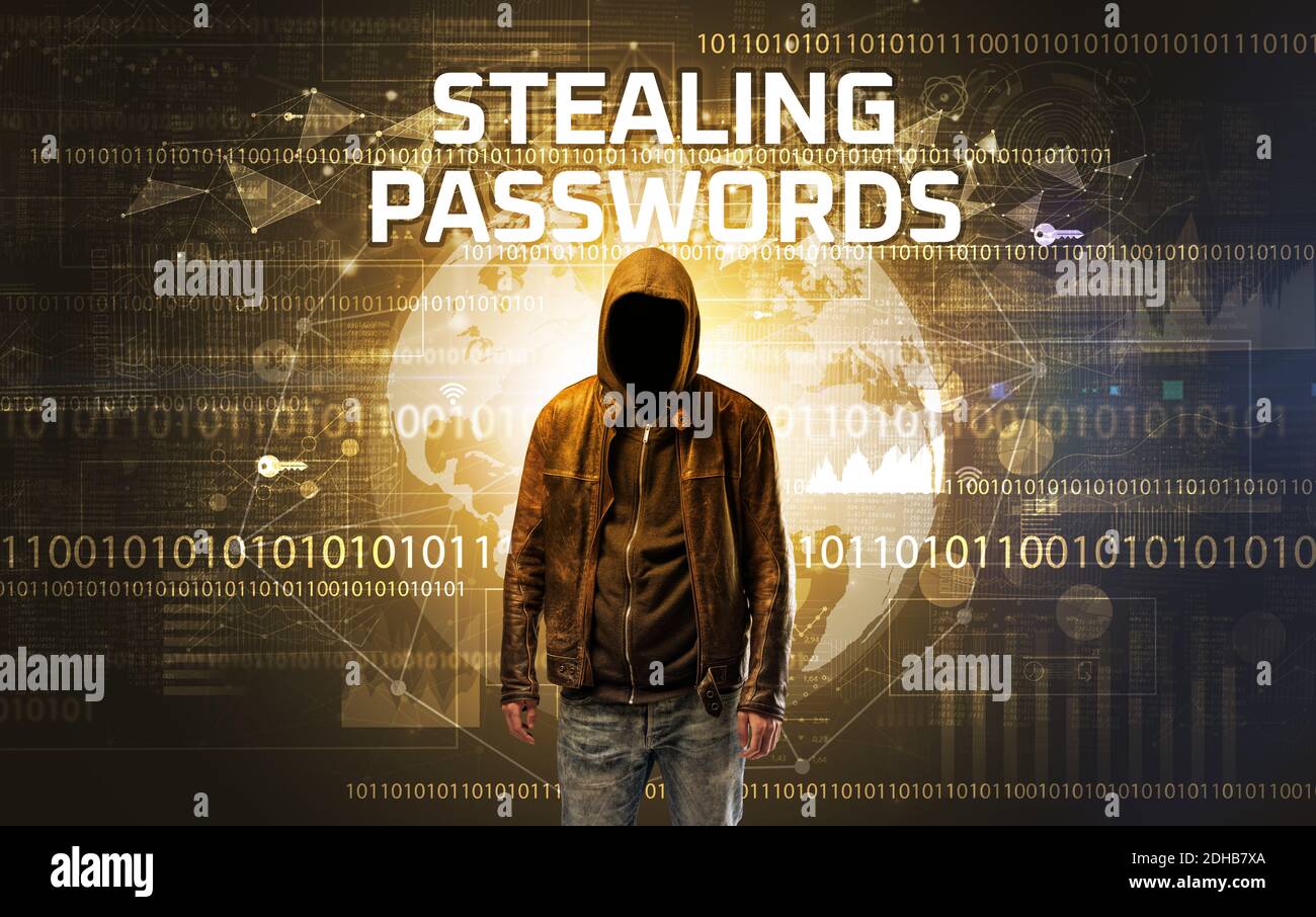 Hacker sans visage au travail avec LE VOL DES MOTS DE PASSE inscription, concept de sécurité informatique Banque D'Images