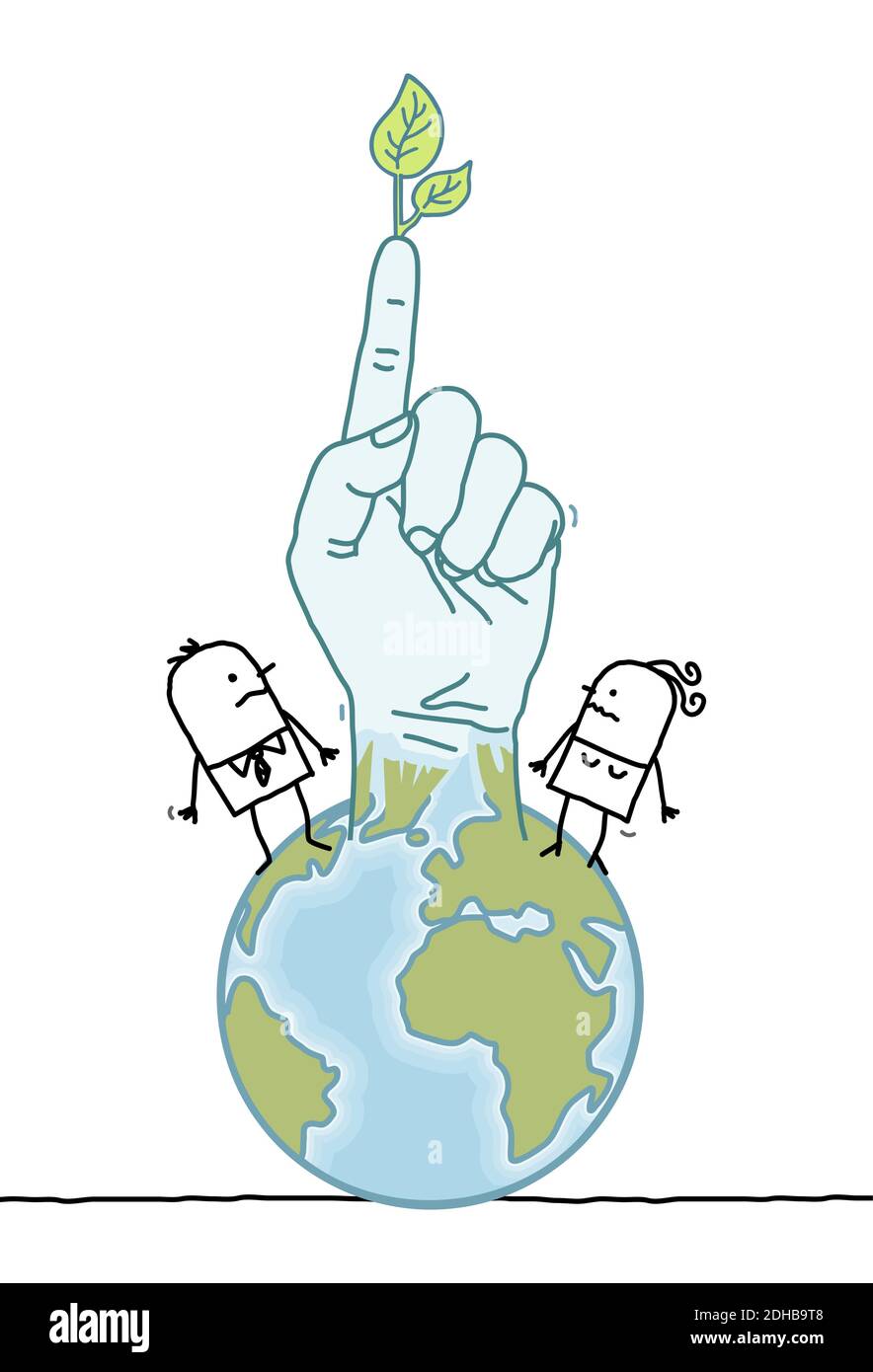 Dessins à la main des gens de Cartoon et de la planète Terre en hausse a Doigt vert Illustration de Vecteur