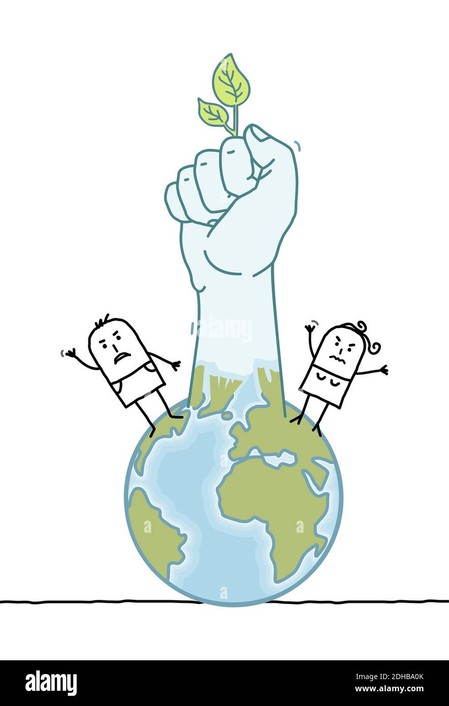 Dessins à la main des gens de Cartoon et de la planète Terre en hausse a Poing vert Illustration de Vecteur