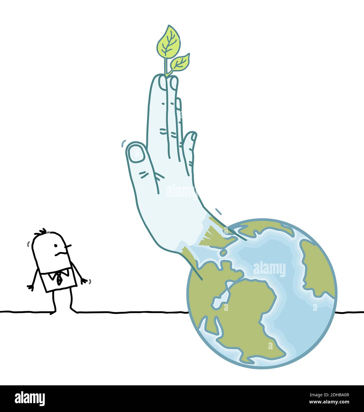 Dessins à la main des gens de Cartoon et de la planète Terre faire un arrêt Signe avec une grande main Illustration de Vecteur
