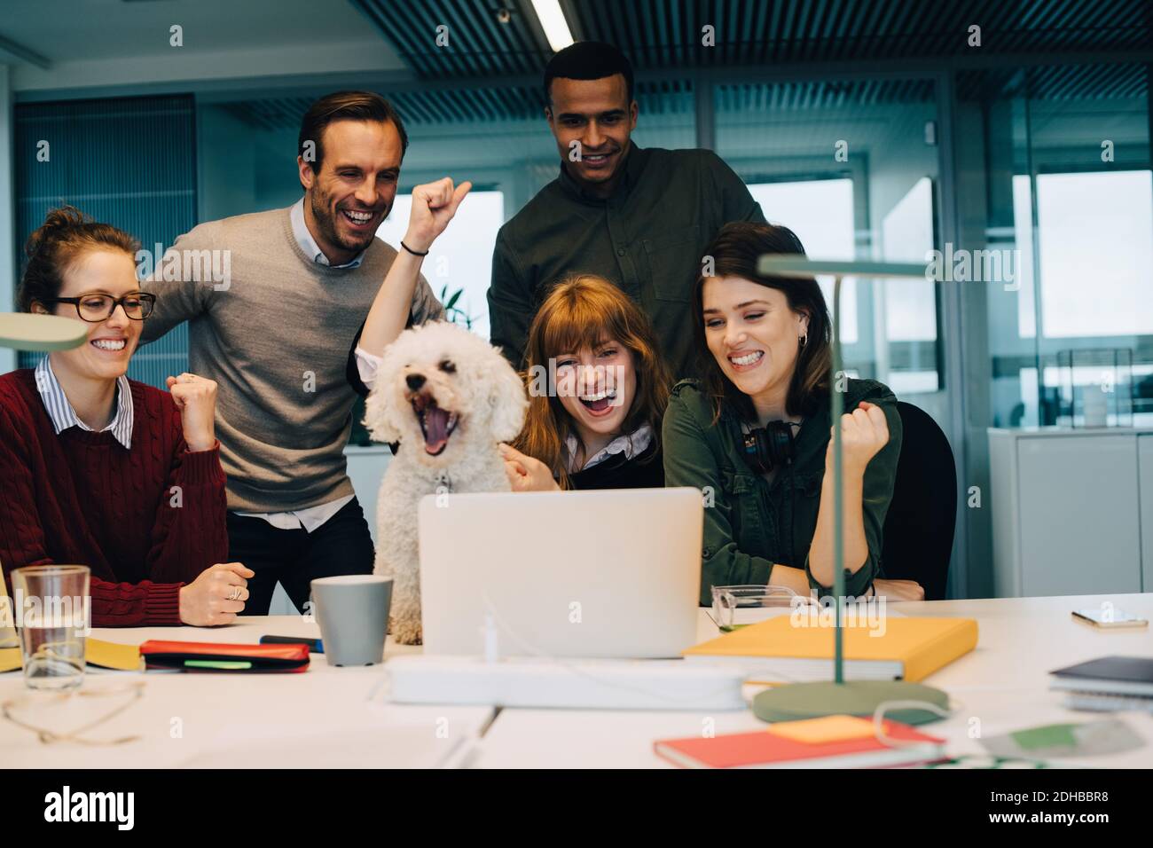 Une équipe d'affaires excitée avec un chien à son bureau dans un bureau créatif Banque D'Images