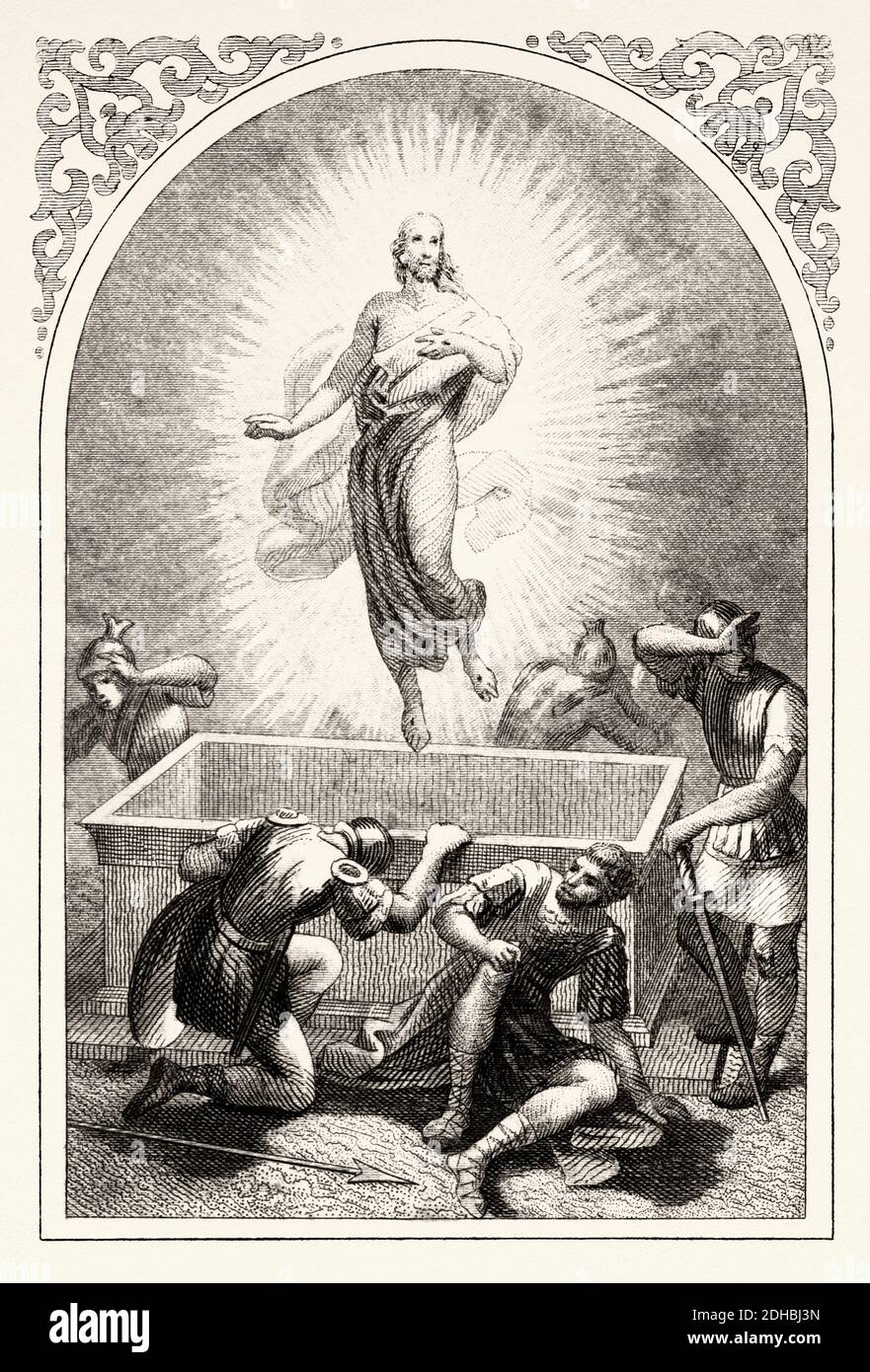 Jésus résurrection des morts. Notre Seigneur Jésus, fils de Dieu, a été ressuscité divinement par sa propre vertu. Illustration de la gravure du XIXe siècle. Ancien Epithalamion 1852. Collection d'exercices prières et métiers Banque D'Images