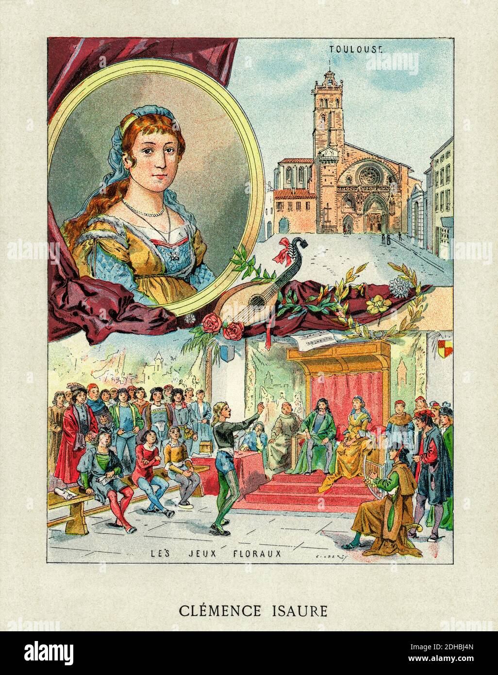 Vieille couleur de la lithographie portrait de Clemence Isaure (1463-1513) légendaire femme médiévale, fondateur de l'Académie dels Jòcs Florals ou Académie des Jeux floraux. Membre de la famille Yzalguier de Toulouse. France. Les Français Illutres par Gustave Demoulin 1897 Banque D'Images