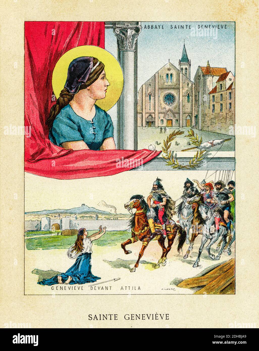 Portrait de Sainte Geneviève de Paris (422-512) Sainte Geneviève, religieuse et saint. L'abbaye Sainte Geneviève. Sainte Geneviève implore Attila d'être miséricordieux et de laisser la ville de Paris libre. France. Les Français Illutres par Gustave Demoulin 1897 Banque D'Images