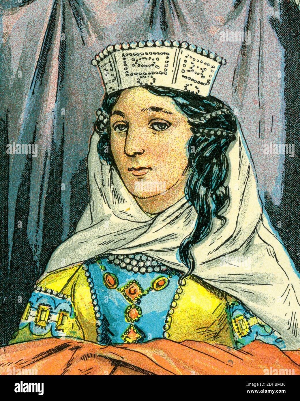 Vieux portrait de lithographie de couleur de Brunhilda (543–613) reine consort d'Austrasie par mariage au roi mérovingien Sigebert Ier d'Austrasie. Chlothar II en 613 battit Brunhilda au combat et la fait exécuter en étant arrachée par quatre chevaux. France. Les Français Illutres par Gustave Demoulin 1897 Banque D'Images