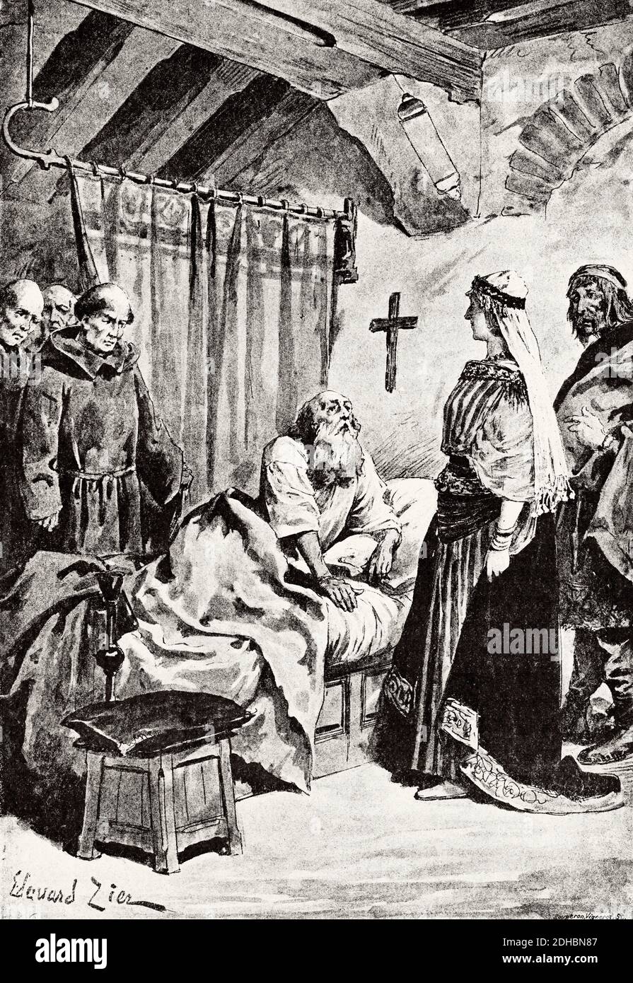 Saint Prætextatus. Fredegund visite Praetextatus après avoir ordonné son assassinat. France. Illustration de la gravure du XIXe siècle. Les Français Illutres par Gustave Demoulin 1897 Banque D'Images