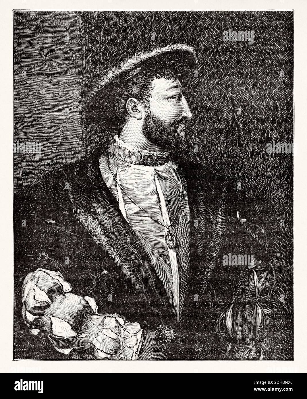 Portrait de François I. Francis d'Angoulême (1494-1547), roi de France, les premiers monarques de la branche d'Angoulême de la Maison du Valois. France. Illustration de la gravure du XIXe siècle. Les Français Illutres par Gustave Demoulin 1897 Banque D'Images