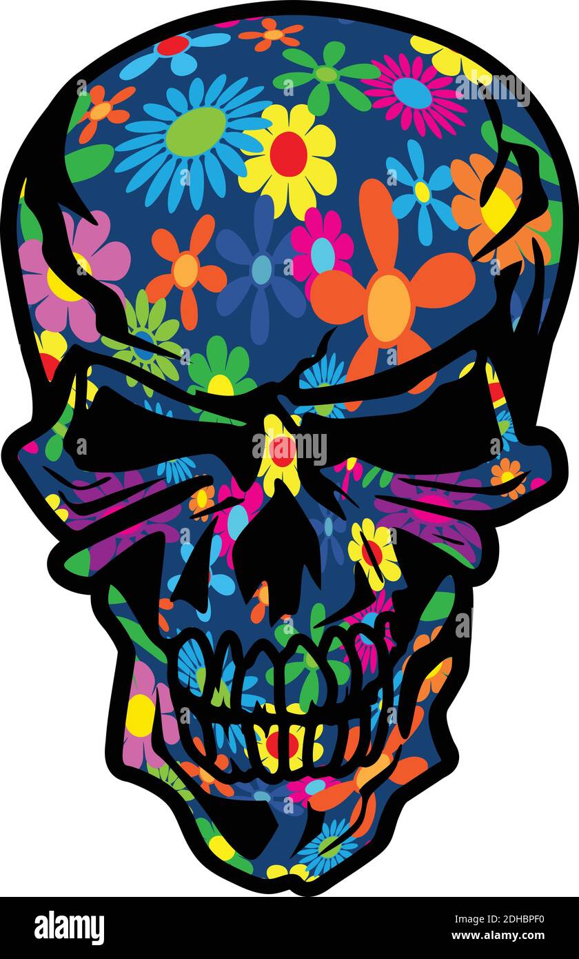 Fleurs hippie colorées crâne psychédélique Illustration vectorielle isolée Illustration de Vecteur