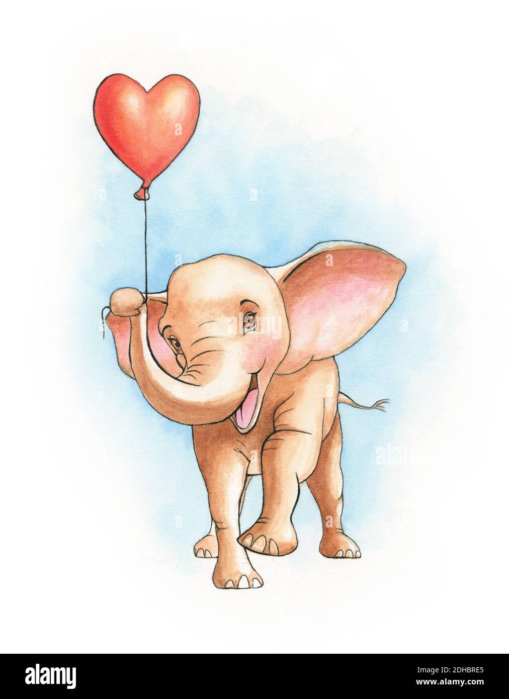 Joli éléphant tenant un ballon en forme de coeur. Illustration aquarelle sur papier. Banque D'Images