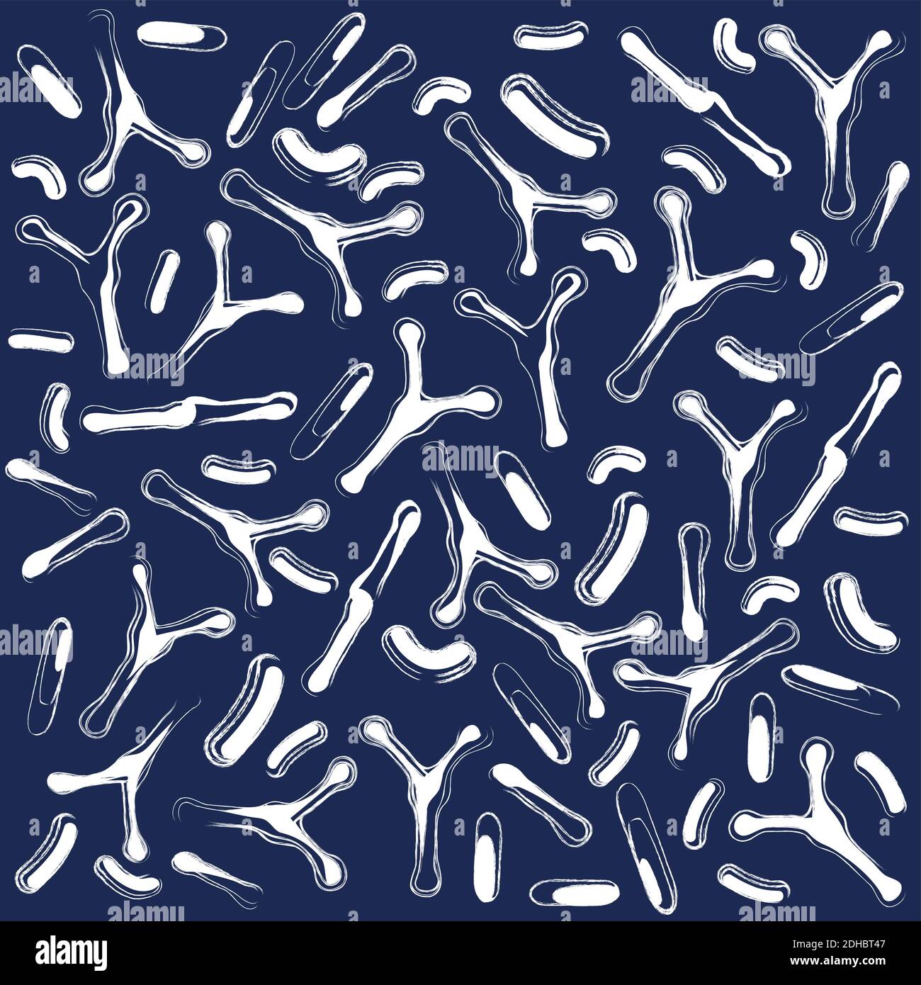 Schéma sans couture avec bactéries et probiotiques. Icône blanche sur fond bleu foncé. Illustration vectorielle. Bactérie de l'acide lactique. Biofilm, Bifidobacteriu Illustration de Vecteur