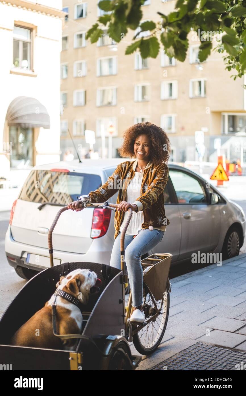 Pleine longueur de la femme heureuse à vélo avec un chien de taureau sur le trottoir en voiture dans la ville Banque D'Images