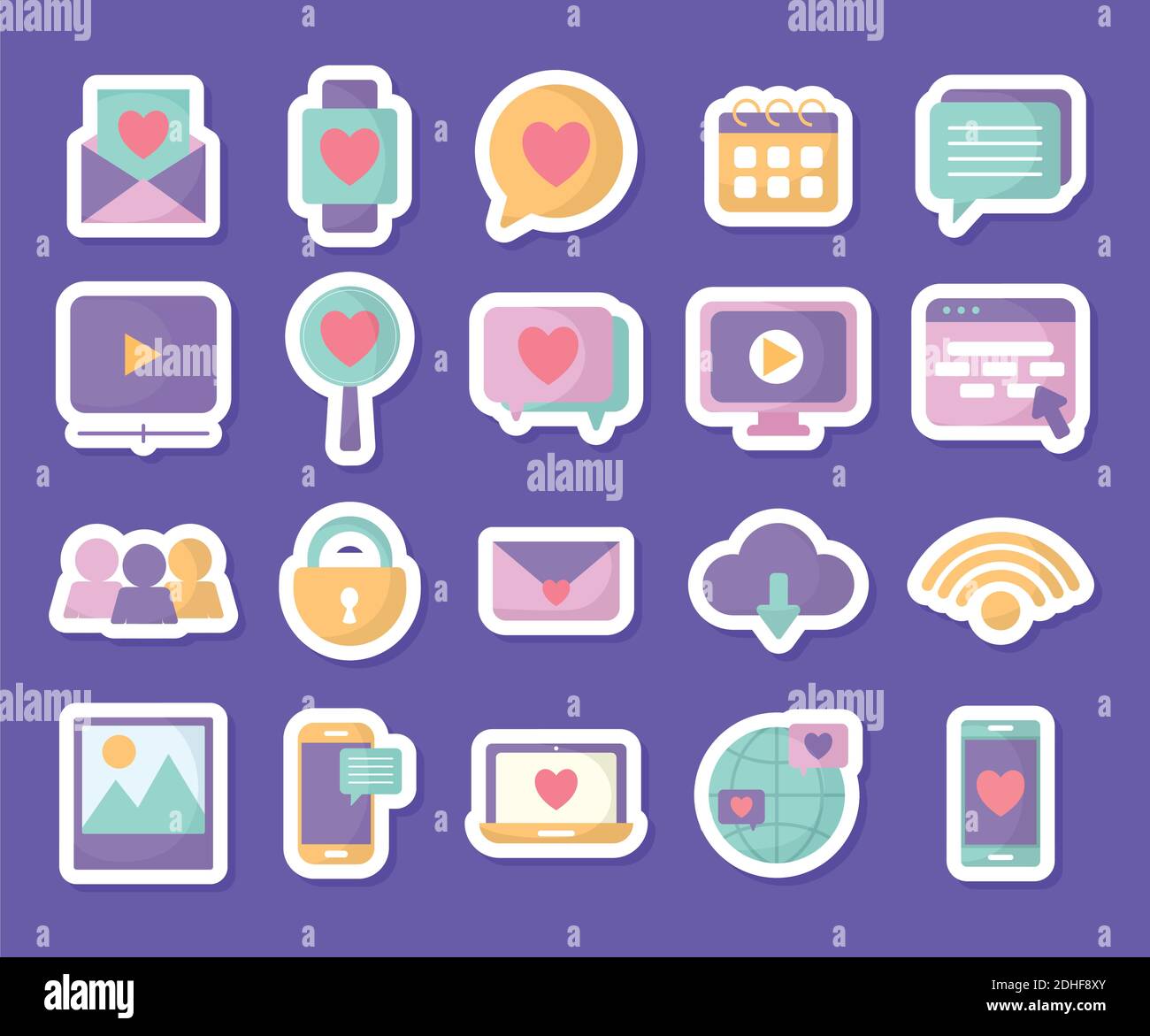 groupe d'icônes de réseaux sociaux sur fond violet Illustration de Vecteur