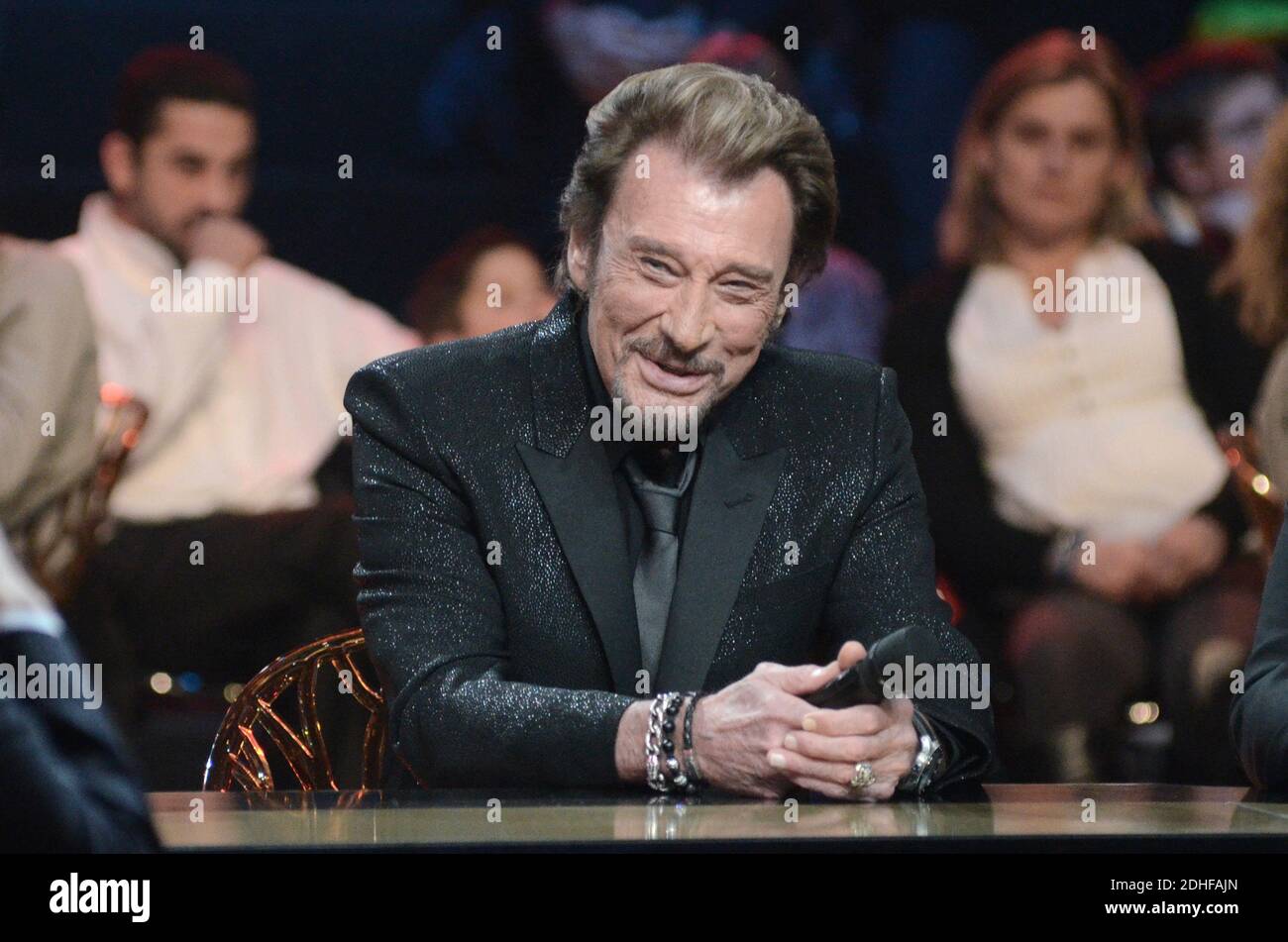 Johnny Hallyday (Jean-Philippe Smet) pendant le show tv, champ de Mars Tour Eiffel (Paris), France le 6 décembre 2014. Photo de Vincent Gramain/ABACAPRESS.COM Banque D'Images