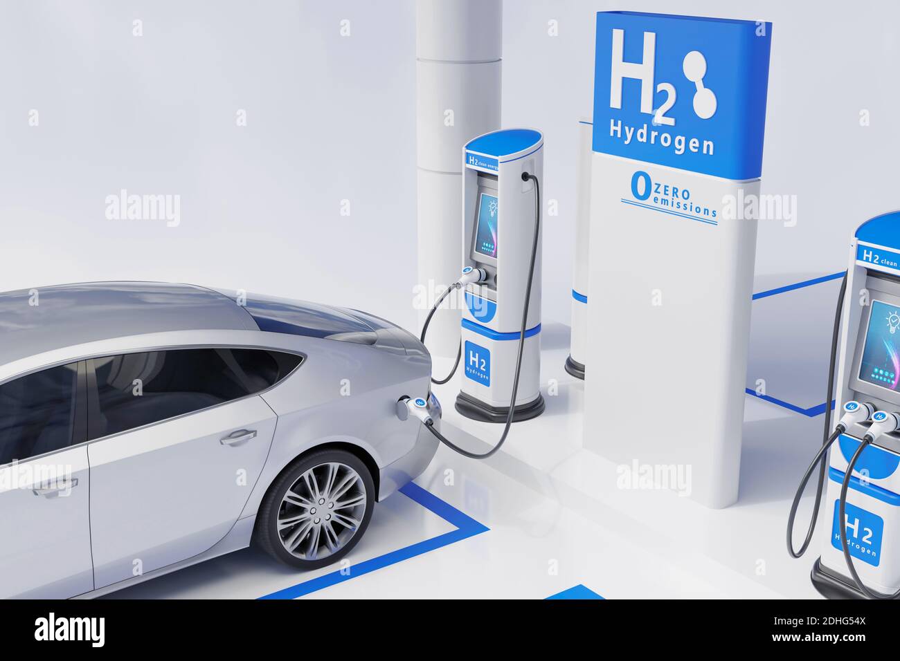 Station de charge de voiture à hydrogène couleur blanche conception visuelle. Illustration 3d Banque D'Images