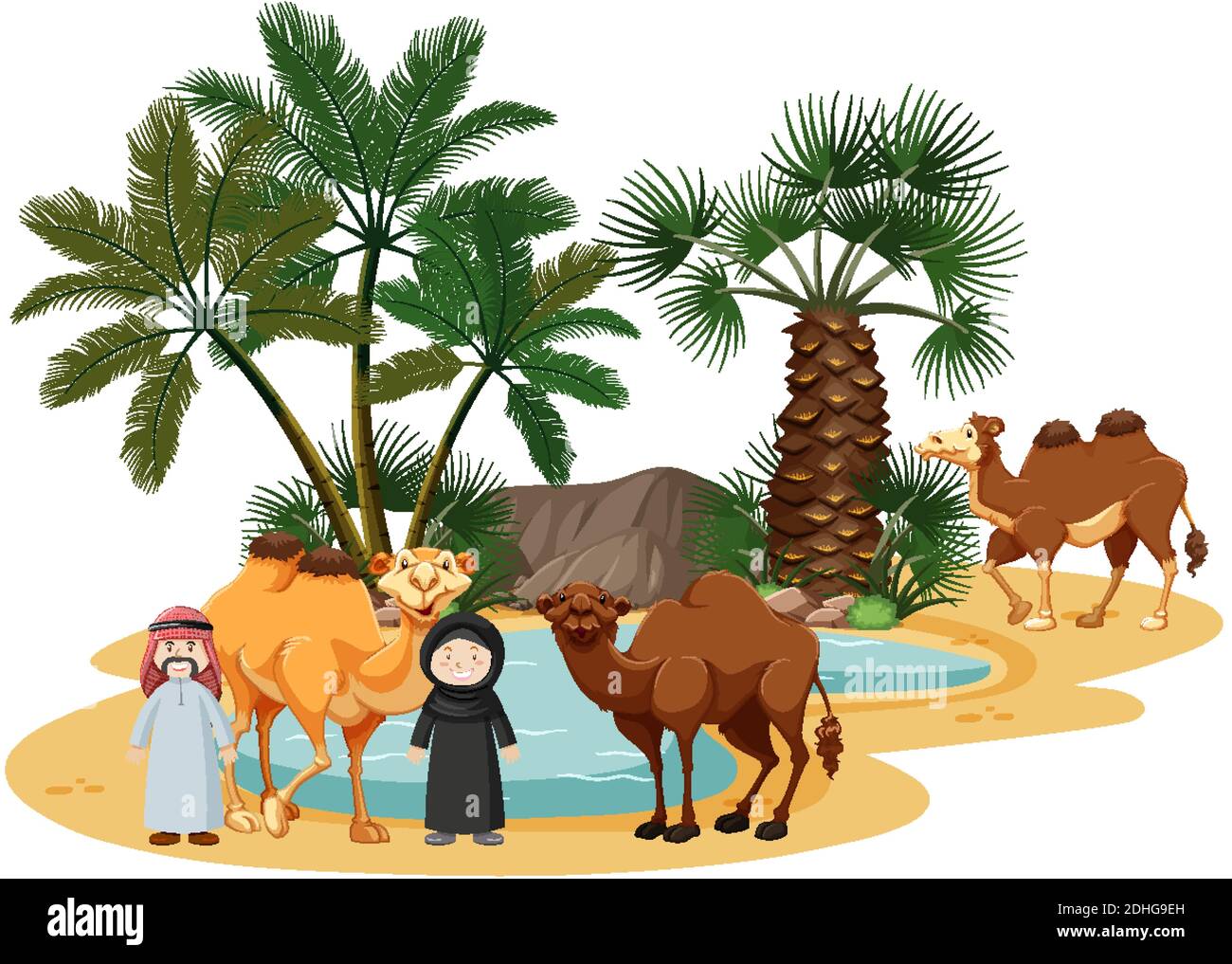 Oasis dans le désert avec chameau et éléments naturels sur blanc illustration d'arrière-plan Illustration de Vecteur