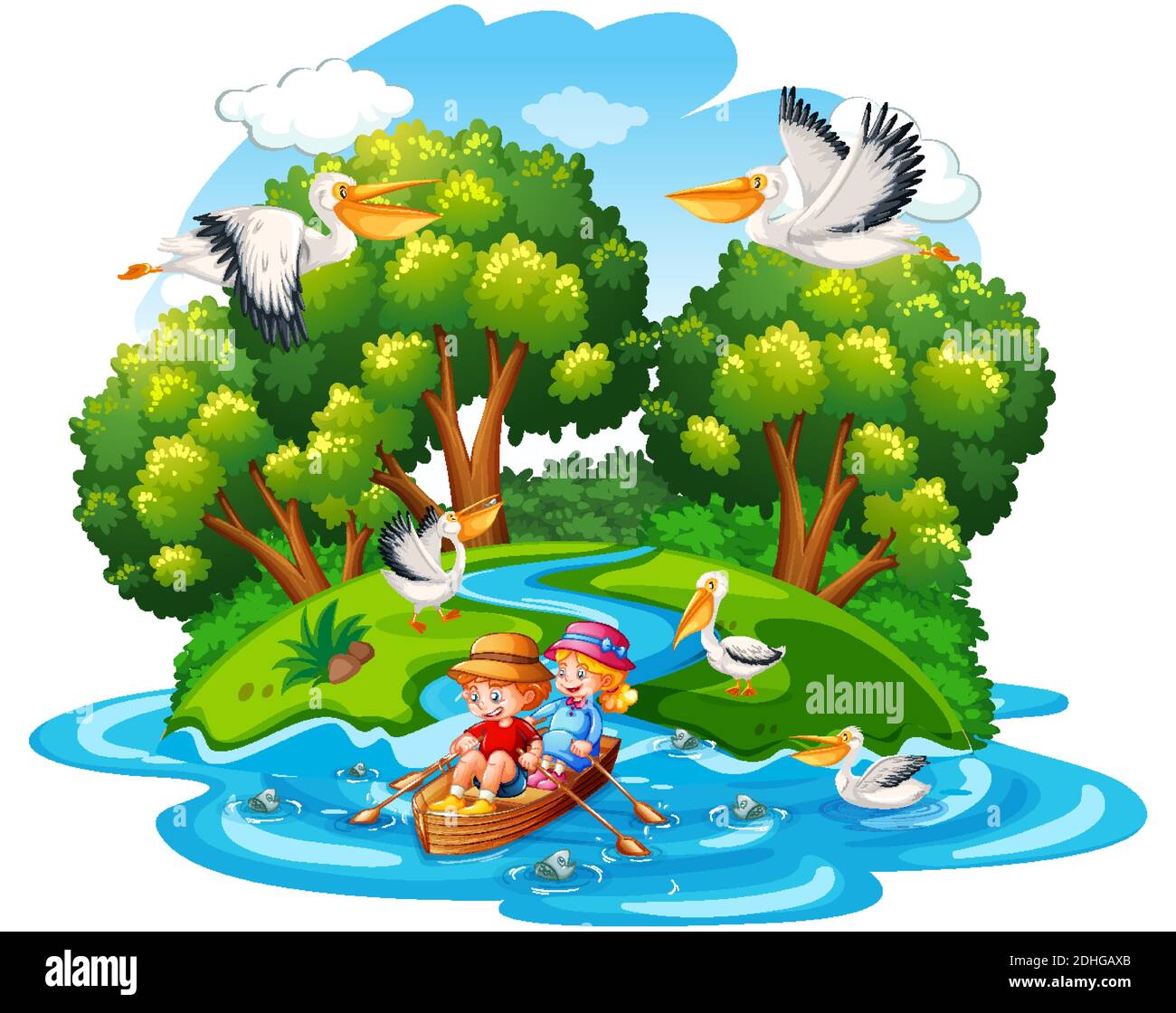 Les enfants sont à la rangée du bateau sur la scène de la forêt fluviale illustration d'arrière-plan blanc Illustration de Vecteur
