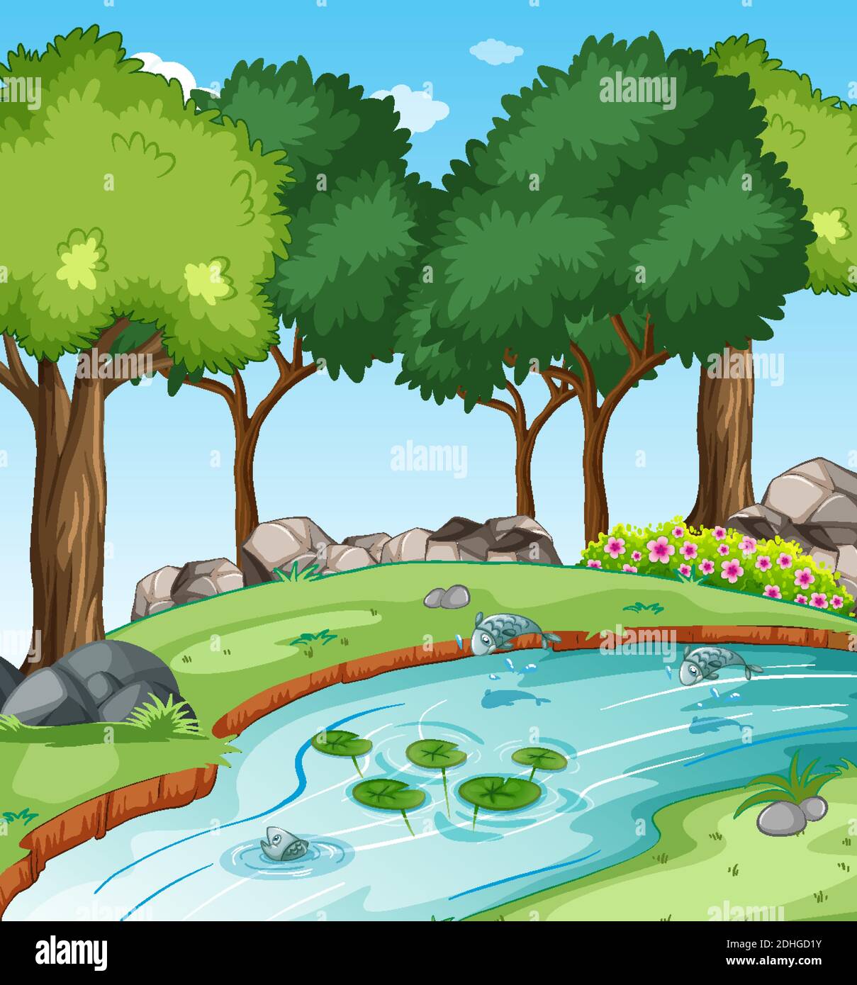 Ruisseau dans la scène de la forêt avec quelques illustrations de poissons Illustration de Vecteur