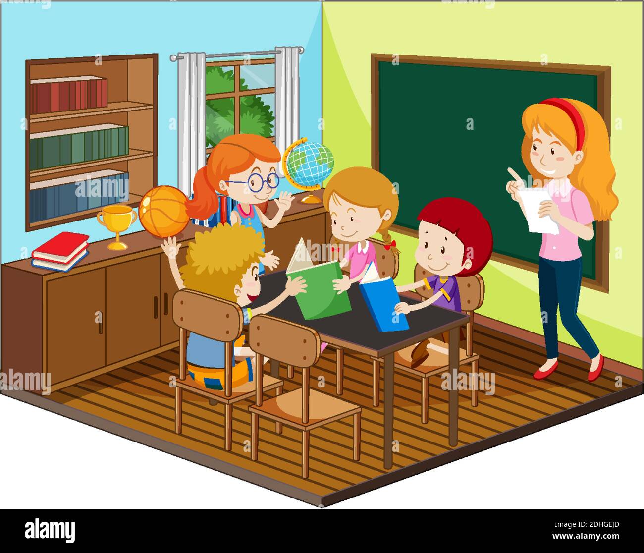 Enseignant et étudiant dans la salle de classe avec mobilier d'illustration Illustration de Vecteur