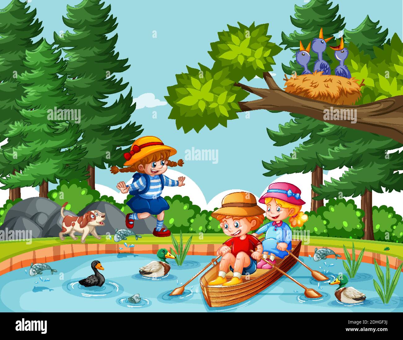 Les enfants sont à la rangée du bateau dans l'illustration de la scène de forêt fluviale Illustration de Vecteur