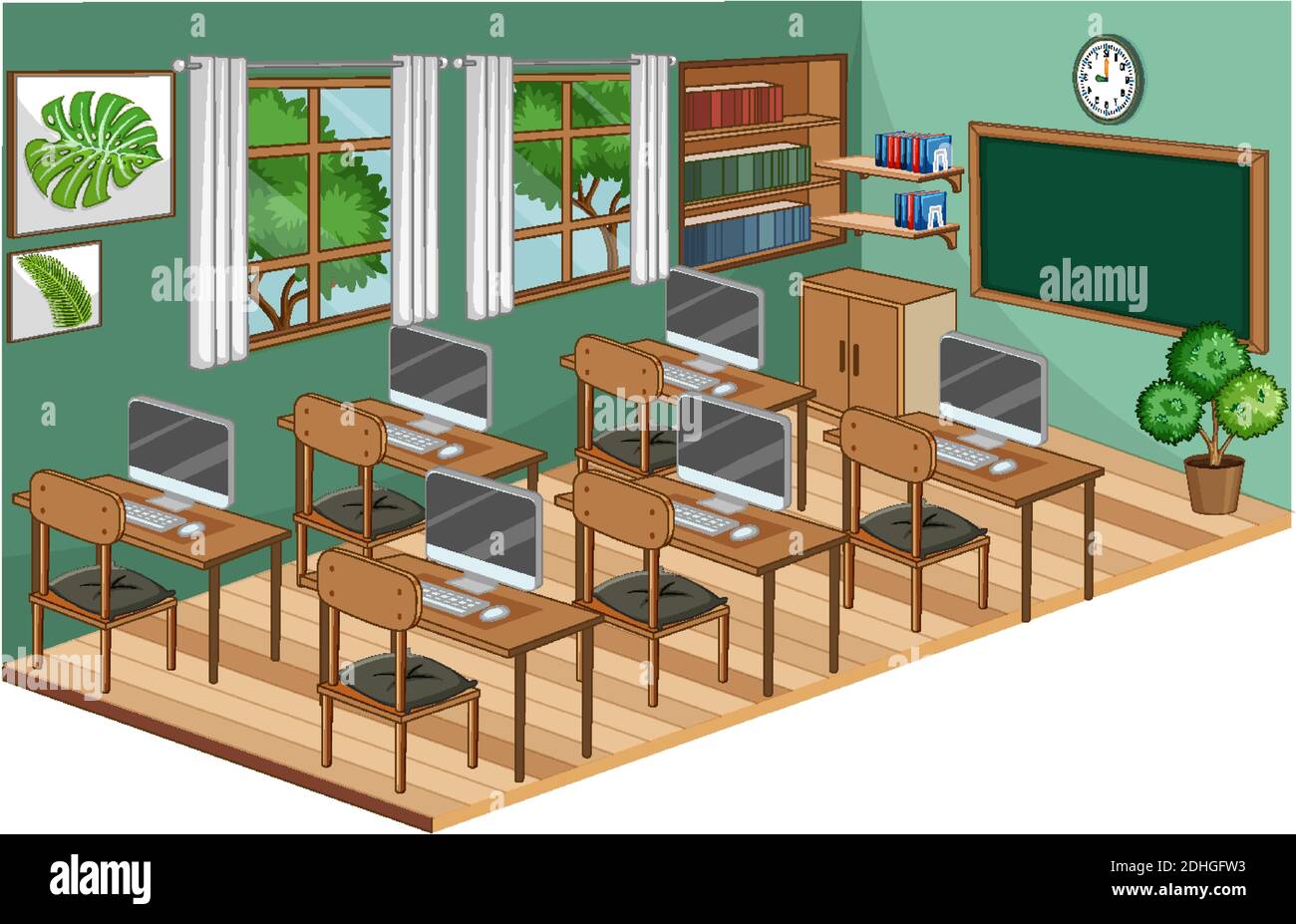 Intérieur de la salle de classe avec mobilier de couleur verte Illustration de Vecteur