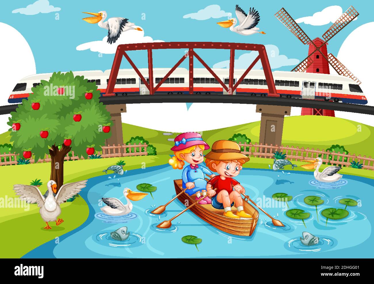 Les enfants sont à la rangée du bateau dans l'illustration de la scène de la ville du ruisseau Illustration de Vecteur
