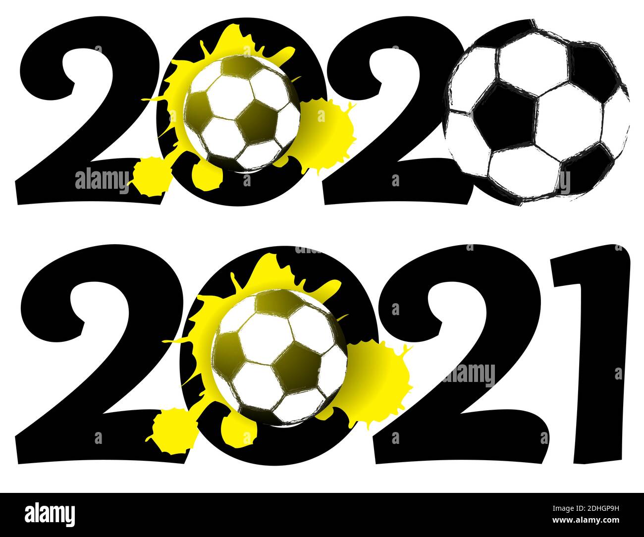 2020 et 2021 dans un style de football brillant avec une balle de football et un transfert jaune. Élément de design sportif. Vecteur sur fond blanc Illustration de Vecteur