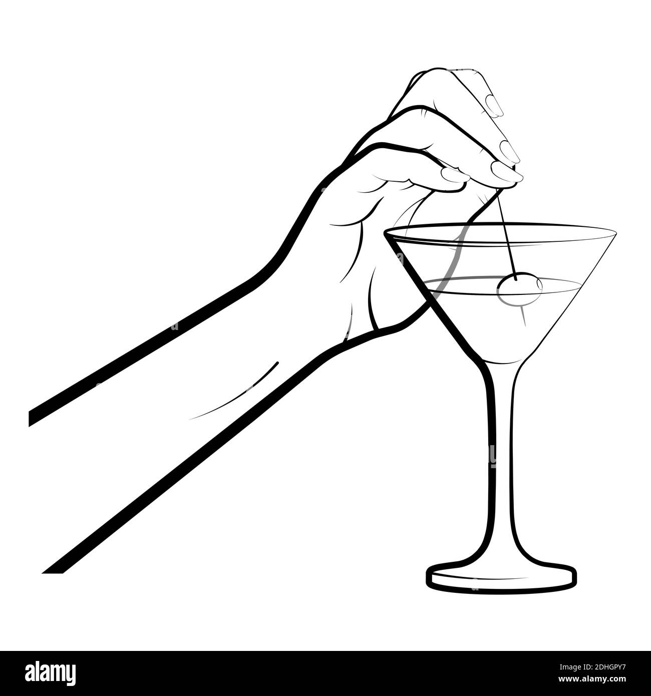 une main femelle trempette une brochette d'olive dans un verre de martini. Cocktails, boissons alcoolisées, illustration du menu d'un café, restaurant. Vecteur isolé Illustration de Vecteur