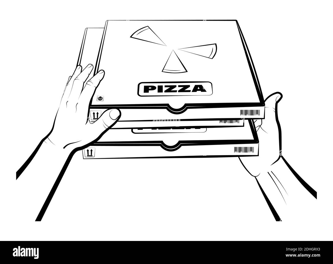 les mains du mans tiennent une boîte fermée avec une pizza. Cuisine italienne. Livraison de nourriture à domicile. Vecteur isolé sur fond blanc Illustration de Vecteur