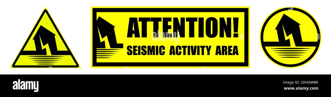 ensemble de panneaux de danger sur fond jaune chocs de tremblement de terre. Augmentation de l'activité sismique. Attention. Vecteur isolé sur fond blanc Illustration de Vecteur