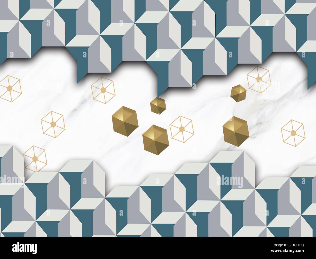 Illustration abstraite, fond en marbre blanc, carreaux verts, hexagones de couleur or Banque D'Images