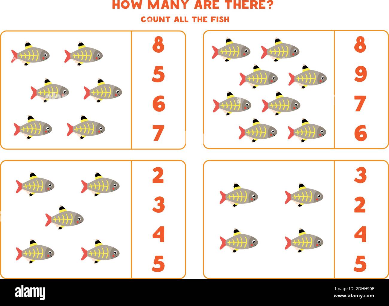 Jeu de comptage pour enfants. Compter tous les poissons à rayons X. Feuille de travail pour les enfants. Illustration de Vecteur