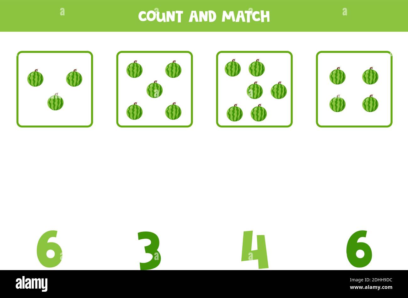 Comptez tous les pastèques et faites correspondre avec la bonne réponse. Jeu de mathématiques éducatif pour les enfants. Illustration de Vecteur