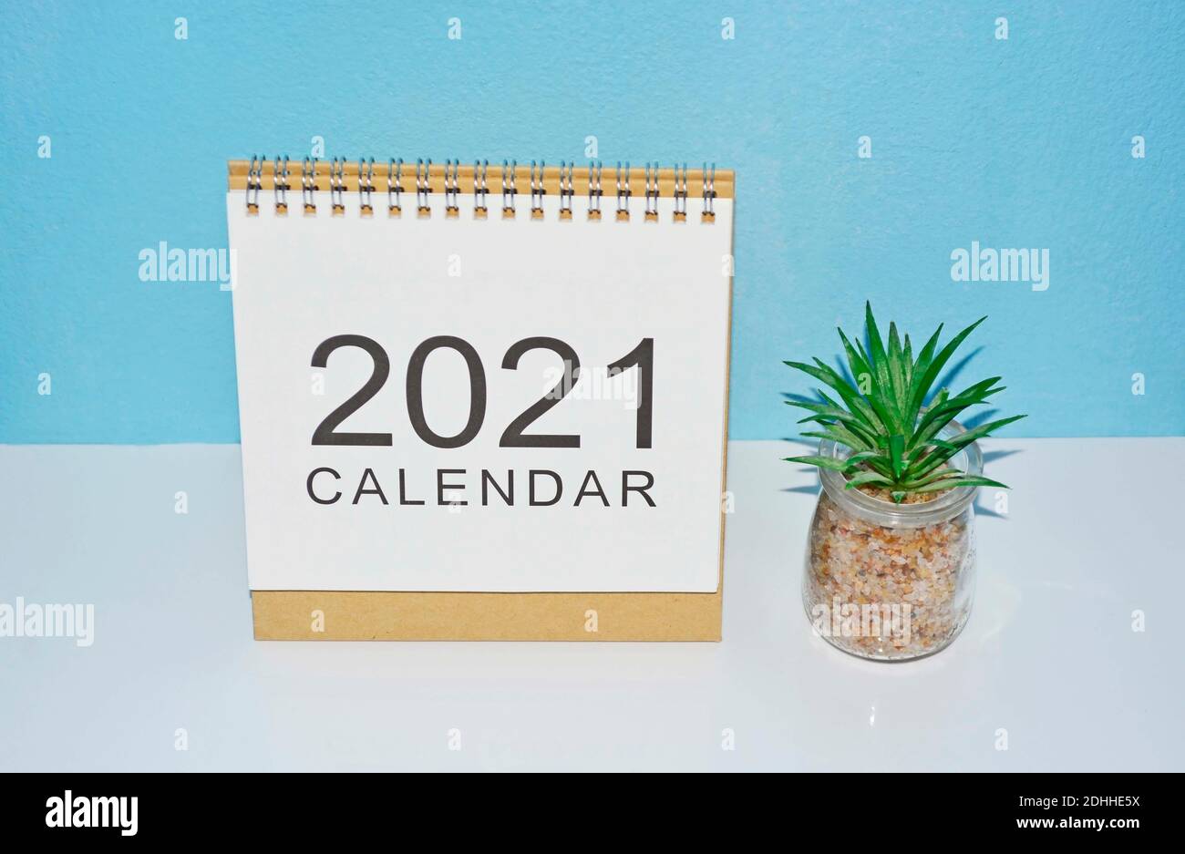 Calendrier blanc de l'année 2021 avec arrière-plans bleus et plante en pot Banque D'Images