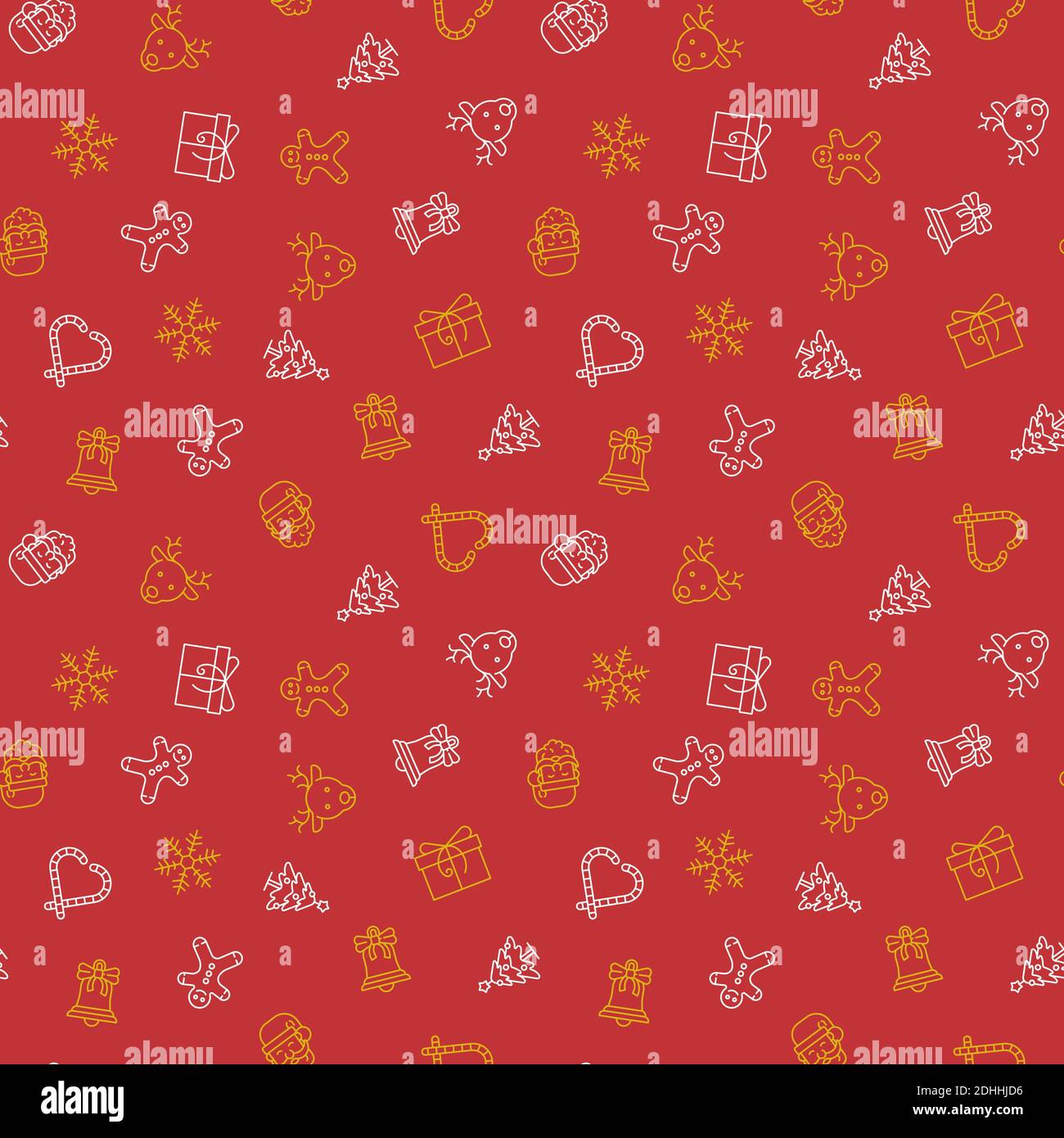 Motif vectoriel de Noël sans couture avec père noël, flocon de neige, renne, bonbons, sapin de noël et autres symboles sur fond rouge Illustration de Vecteur