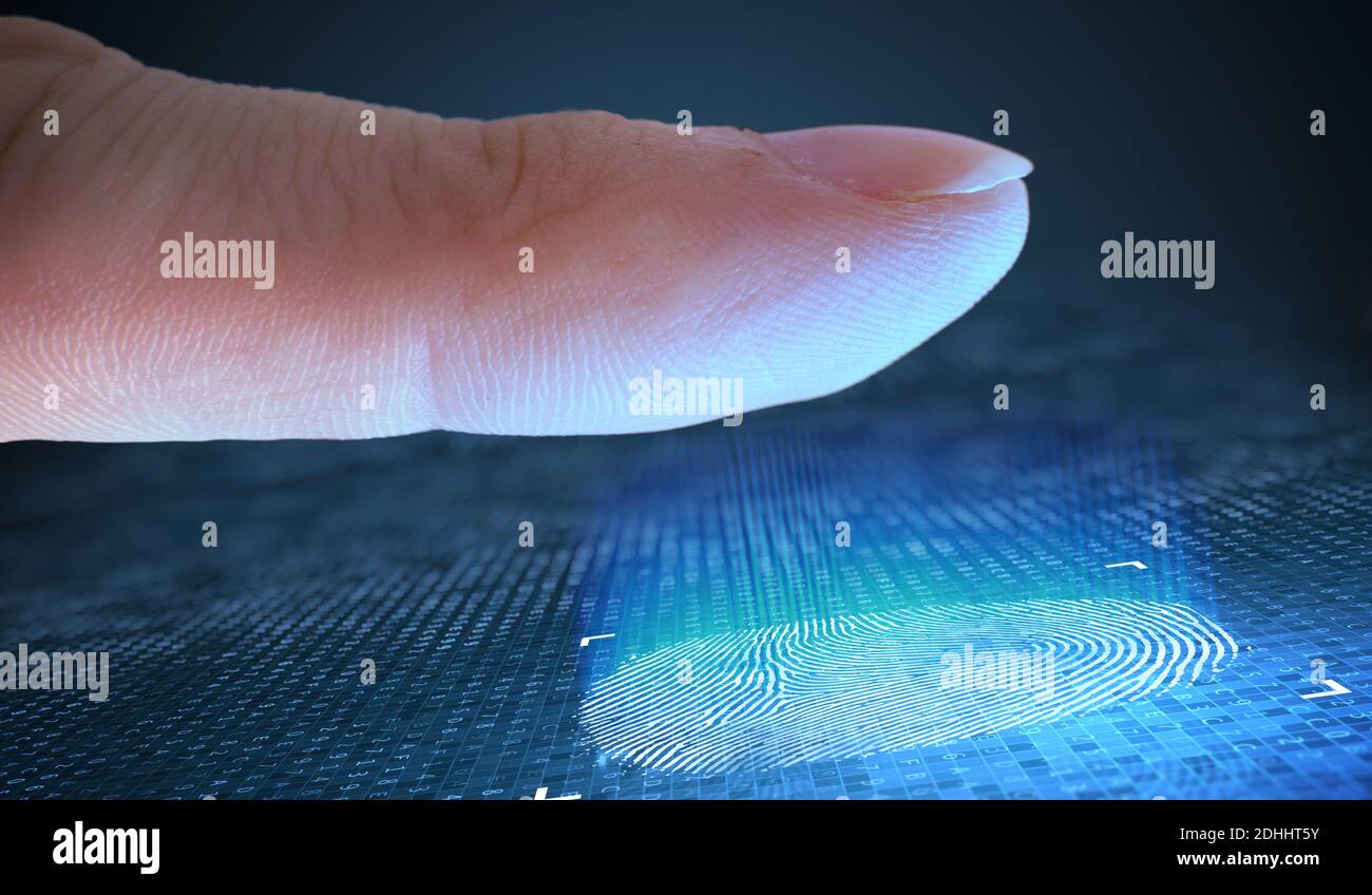 Numérisation de l'empreinte digitale du doigt. Sécurité et concept biométrique. Banque D'Images