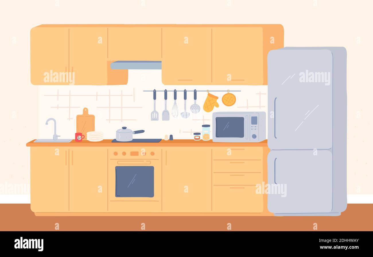 Intérieur de la cuisine. Mobilier pour cuisinière, four, placard, évier et réfrigérateur. Cuisine moderne avec appareils et ustensiles, salle Vector Illustration de Vecteur