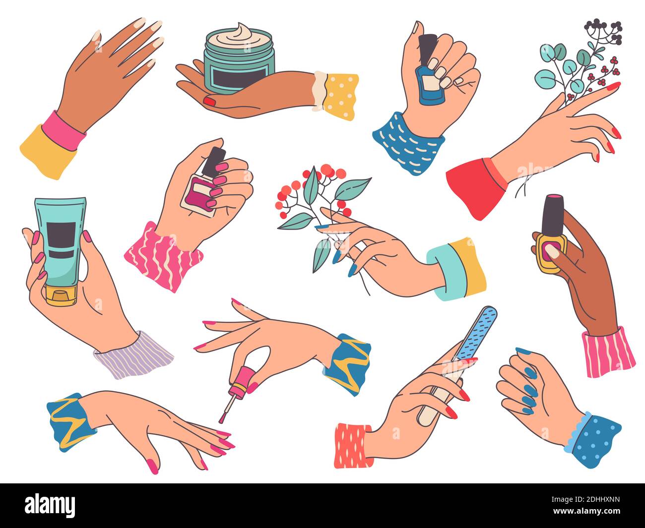 Mains de femmes avec manucure. Femme peinture ongles, tenir crème, lime, fleur et bouteille de polissage. Kit de soins pour les ongles et les mains vector de salon de beauté Illustration de Vecteur